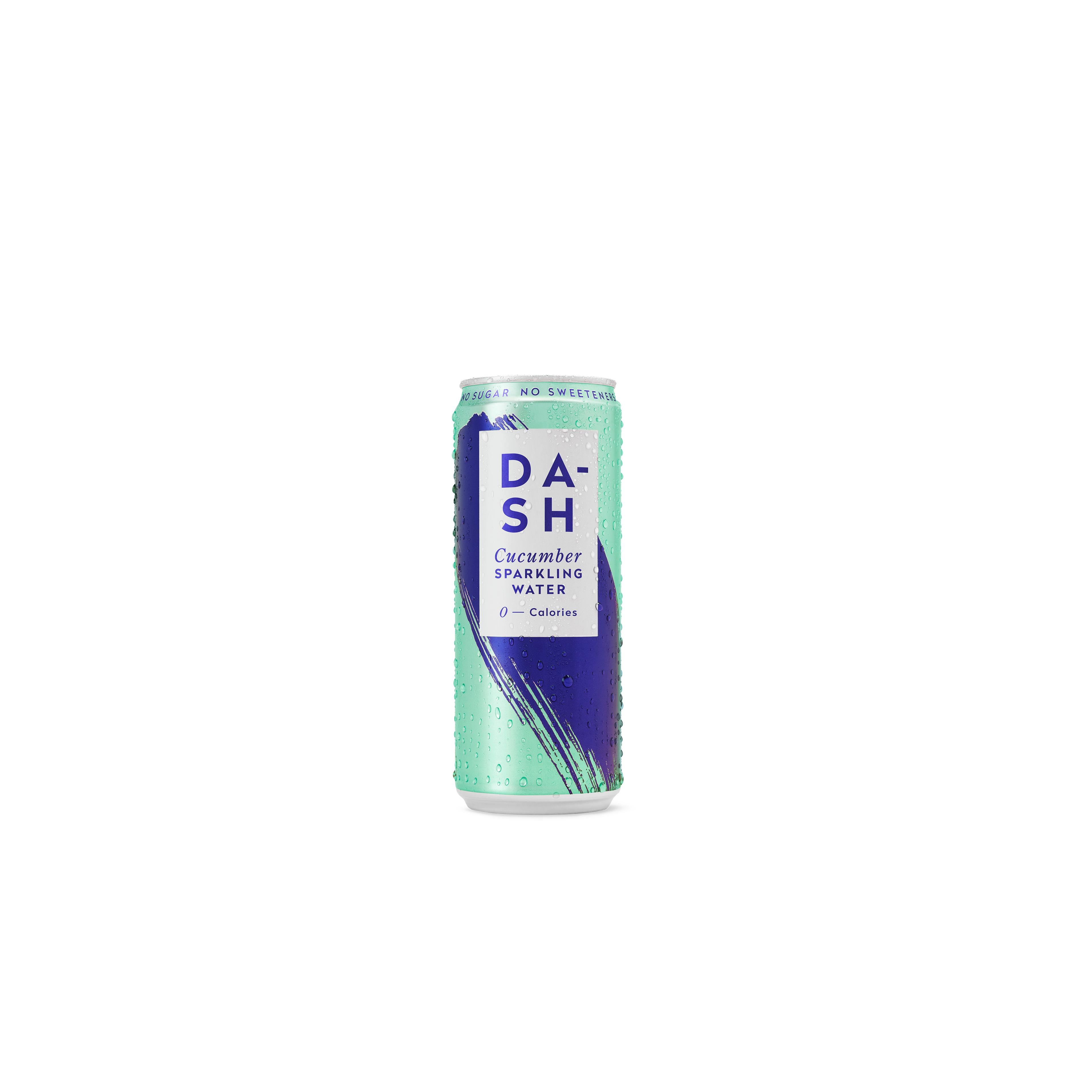 Cold DASH Sparkling Cucumber water can, light green with a purple brushstroke design.