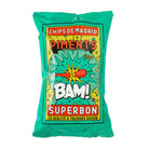 Superbon Piments 125g chips bag, vibrant green with red chili pepper graphic and "BAM!" text.