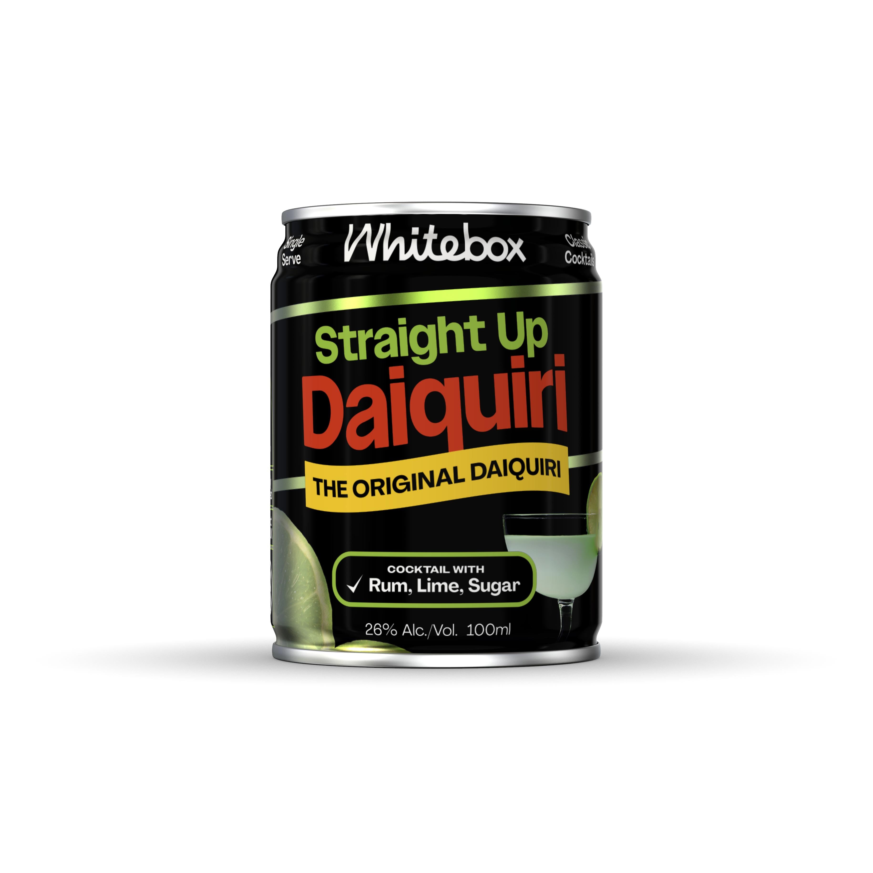 Whitebox Straight Up Daiquiri 100ml black can with orange text, lime slice, and cocktail glass.