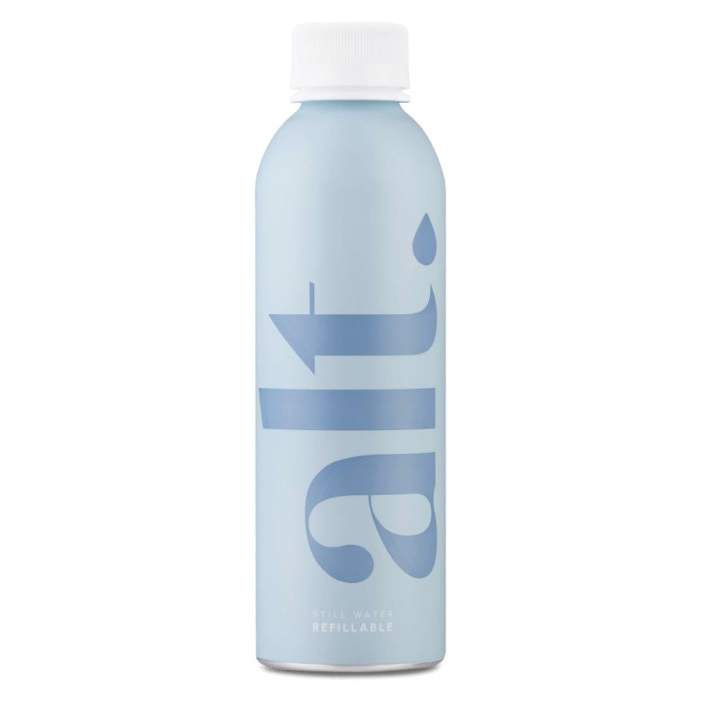 Light blue Altwater aluminum bottle with a white cap, featuring "alt." logo and "STILL WATER REFILLABLE" text.