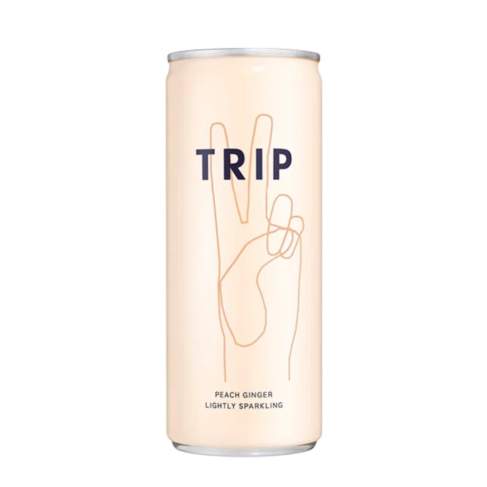Trip Peach Ginger lightly sparkling drink in a tall, pale peach 250ml can with a peace sign graphic.