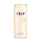 Trip Peach Ginger lightly sparkling drink in a tall, pale peach 250ml can with a peace sign graphic.