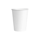 Single 8oz white aqueous-lined paper cup with a rolled rim, isolated on a white background.