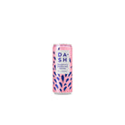Pink DASH Raspberry Sparkling Water can with blue brushstroke design and condensation.