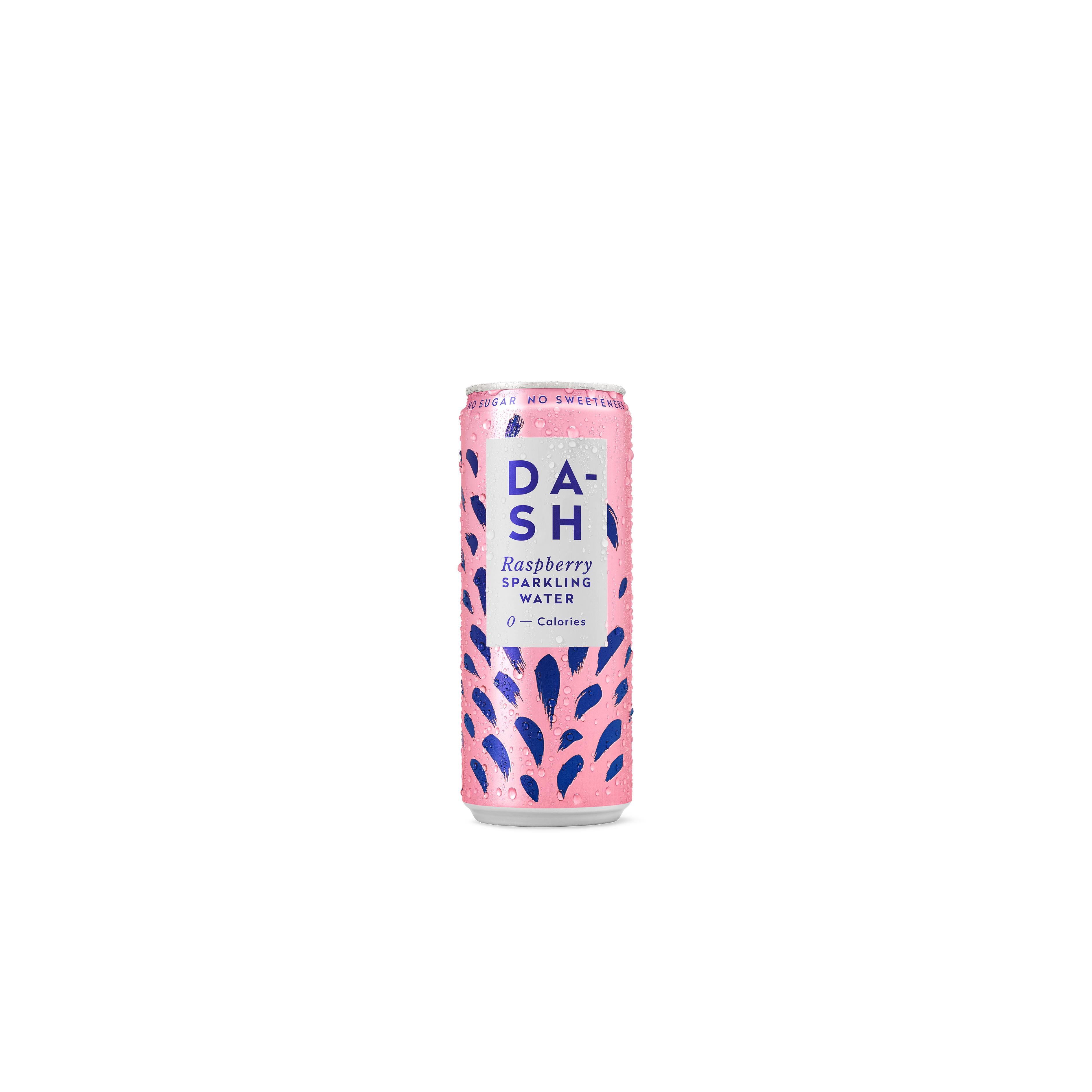 Pink DASH Raspberry Sparkling Water can with blue brushstroke design and condensation.