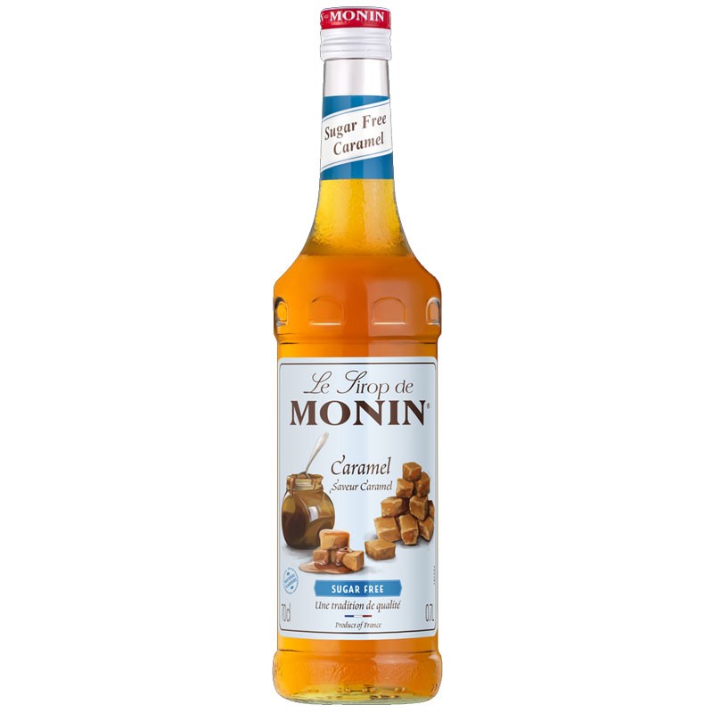 Monin Sugar Free Caramel syrup in a clear glass 70cl bottle with a red cap and white label.