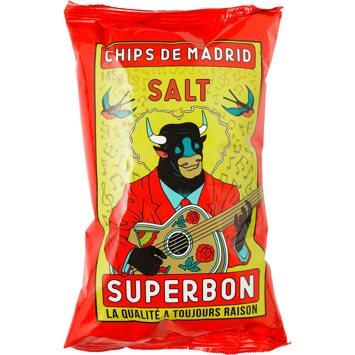 Red Superbon Salt potato chips bag with a bull playing guitar design.