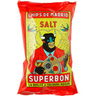 Red Superbon Salt potato chips bag with a bull playing guitar design.