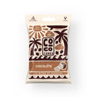 White and brown Coco Cubes Chocolate bag with palm trees, sun, and waves design.