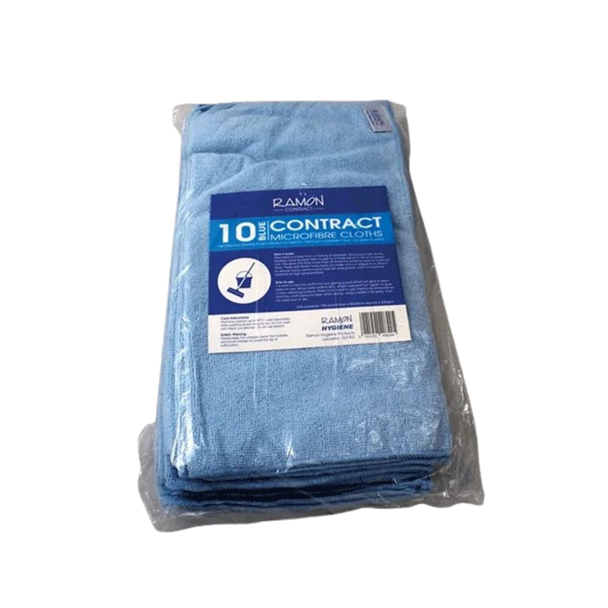 Pack of 10 blue Ramon Contract microfibre cloths, 40x40cm, in clear plastic packaging.