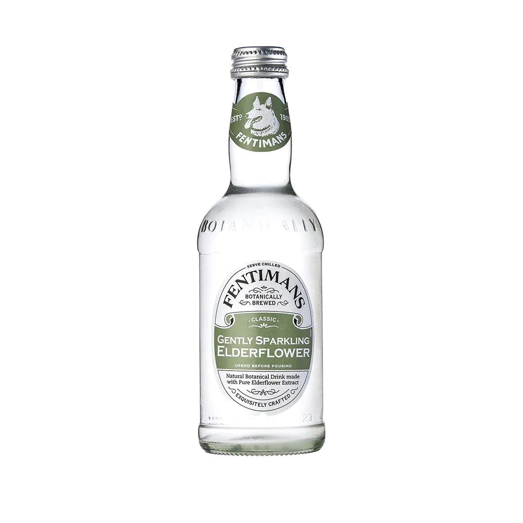 Fentimans Gently Sparkling Elderflower 275ml glass bottle with green and white label.