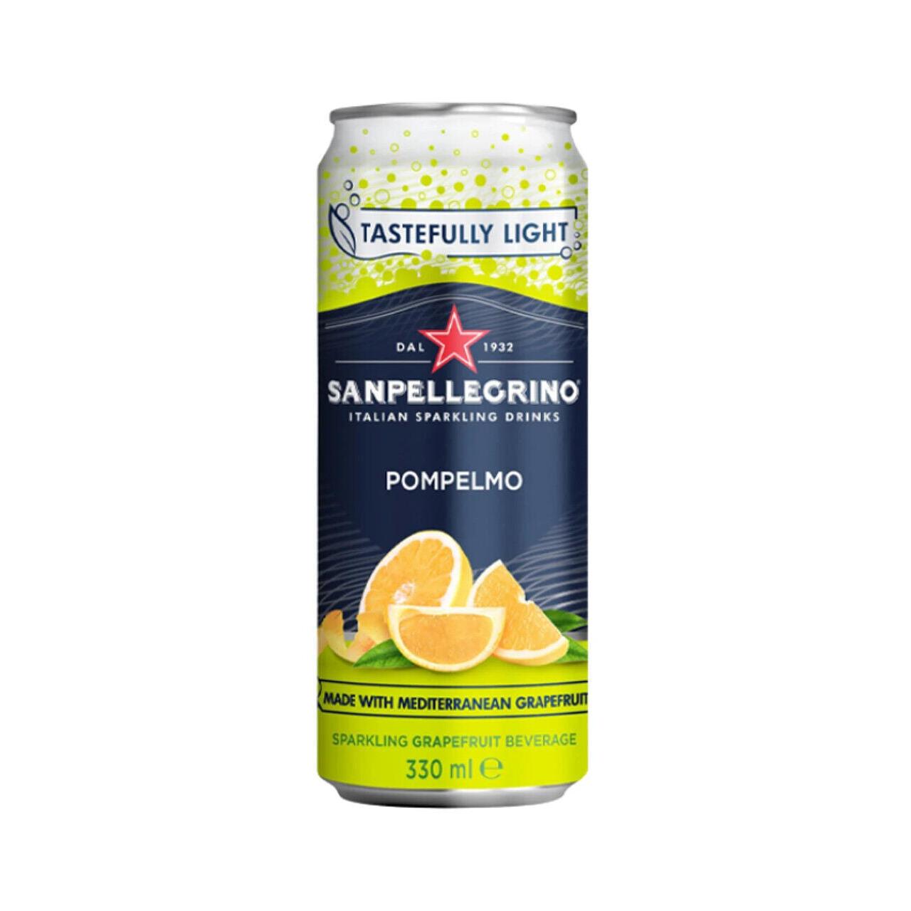 San Pellegrino Pompelmo 330ml can, "Tastefully Light" design with grapefruit slices on a dark blue and yellow label.