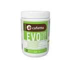 White Cafetto EVO 1kg espresso machine cleaner powder jar with green and brown label.