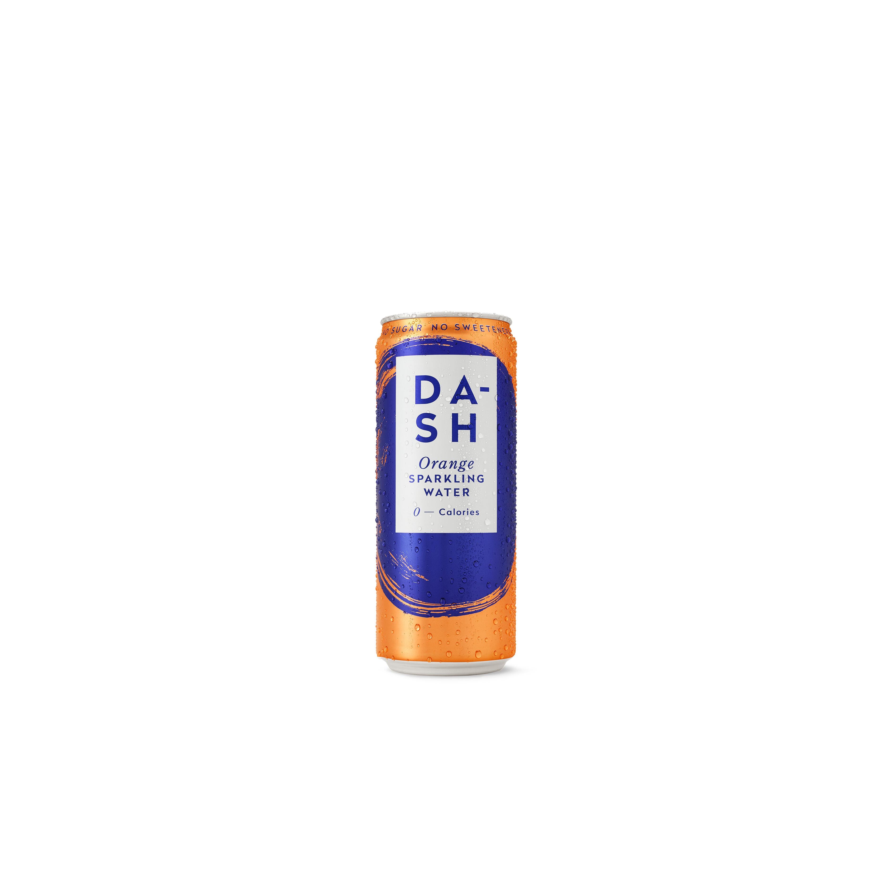 DASH Sparkling Orange water can, 330ml, with orange and blue label, covered in condensation.