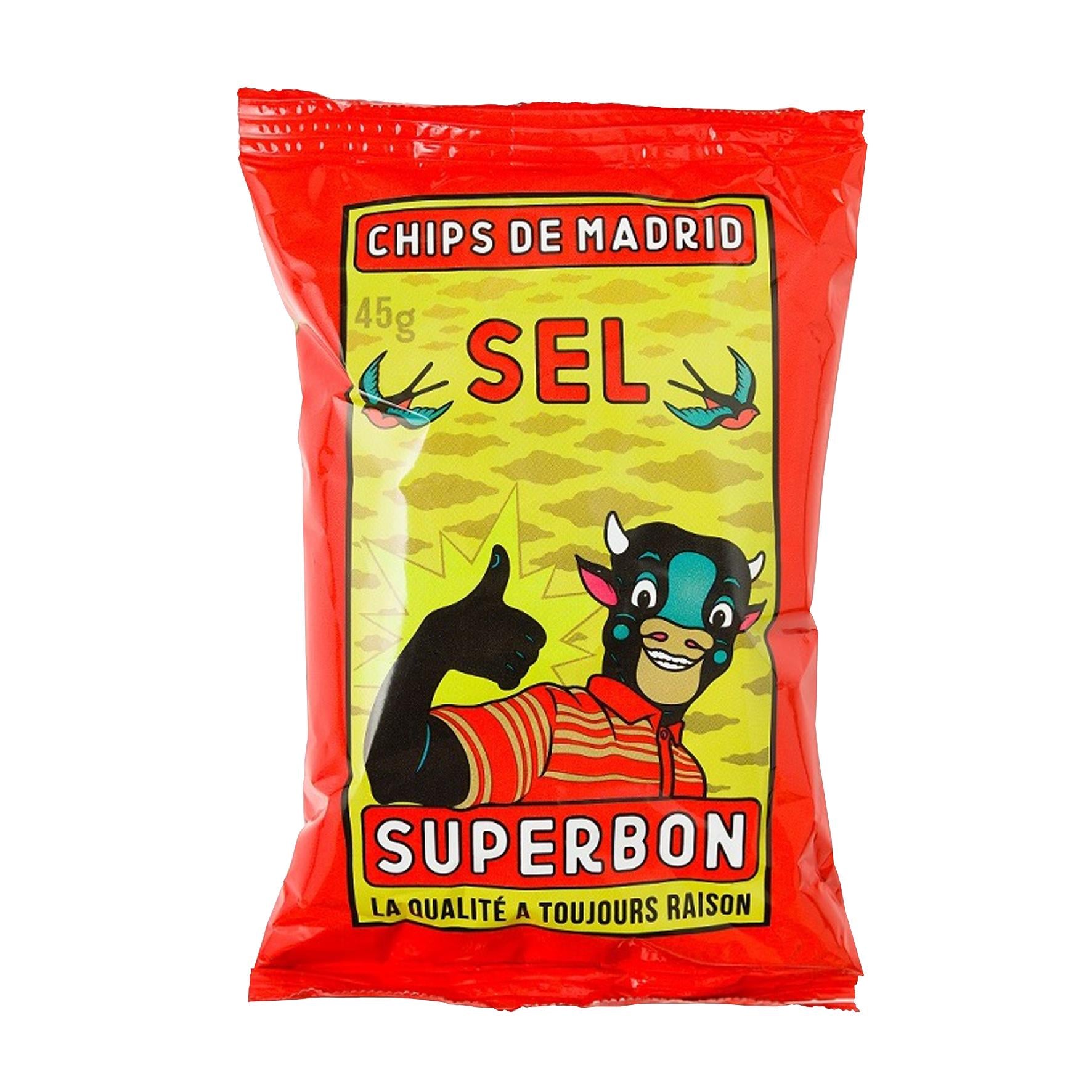 Red Superbon Chips Salt 45g bag with cartoon bull giving a thumbs up.