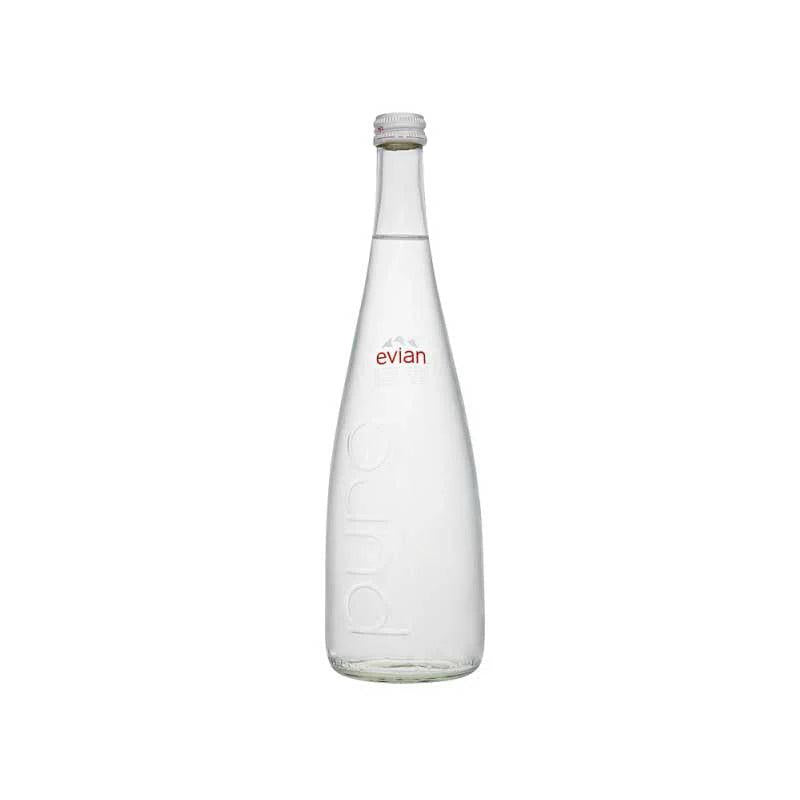Evian 750ml clear glass bottle of natural mineral water with white cap and red logo.