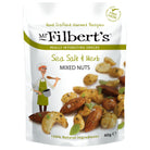 White pouch of Mr Filbert's Sea Salt & Herb Mixed Nuts with a chef illustration and scattered nuts.