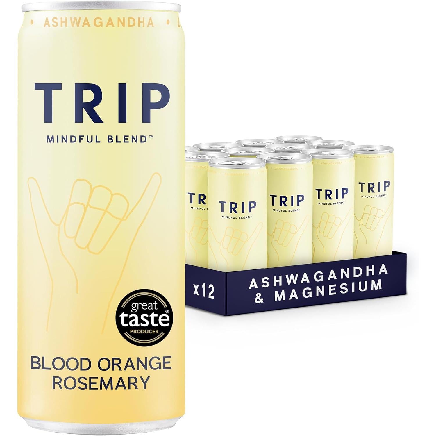 TRIP Blood Orange Rosemary Mindful Blend 12-pack of light yellow cans with "great taste" label.