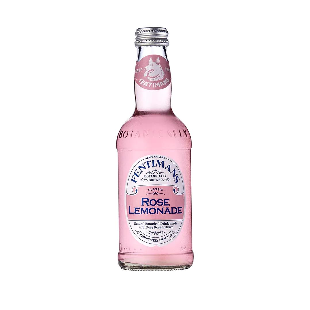 Fentimans Rose Lemonade in a clear glass bottle with a pink label and silver cap.