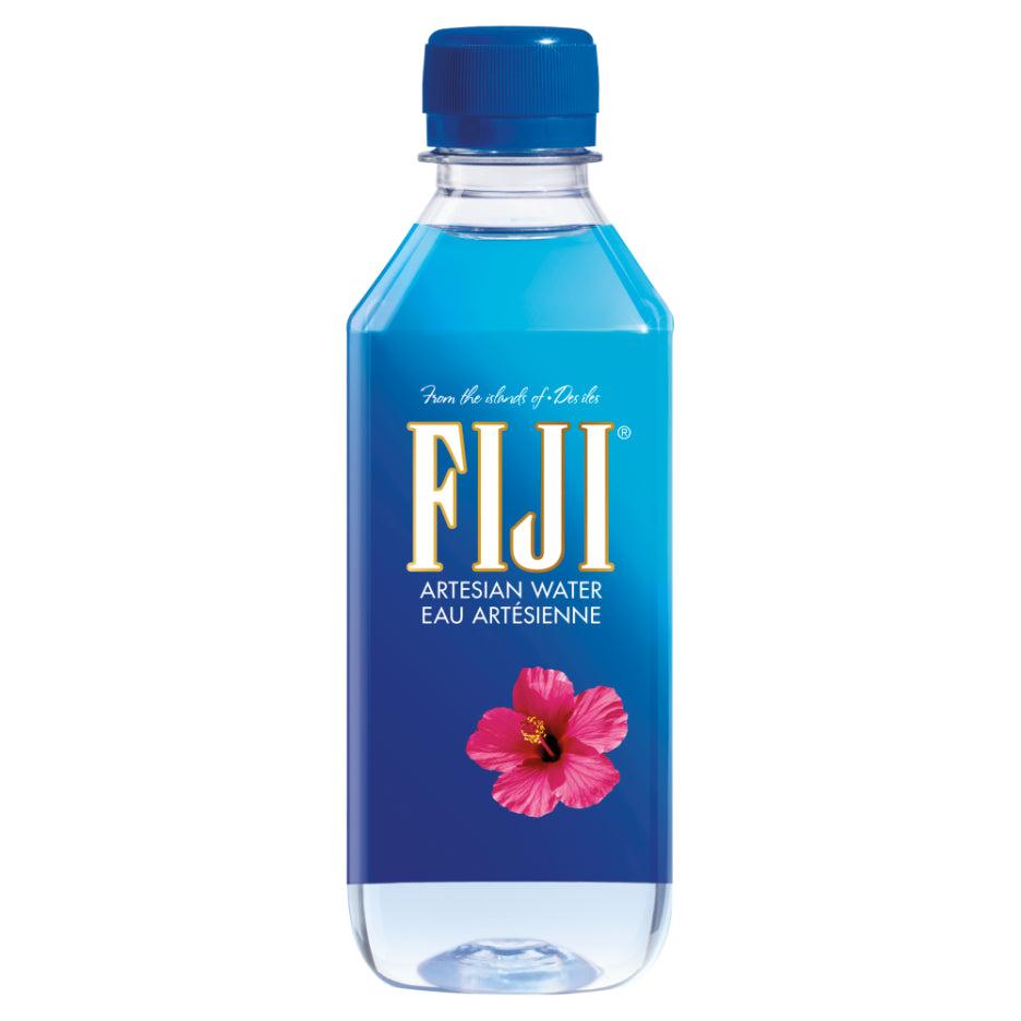 Fiji Water 330ml PET bottle with blue cap, blue label, and pink hibiscus flower.