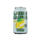 Light blue Living Things Lemon & Ginger soda can with lemon illustration.