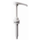 White plastic Monin syrup pump with a curved dispenser, designed for 1L bottles.