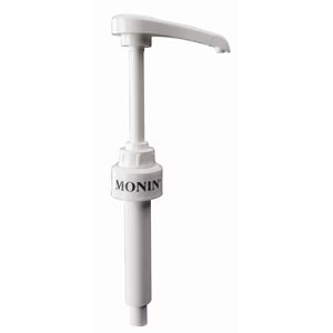 White plastic Monin syrup pump with a curved dispenser, designed for 1L bottles.