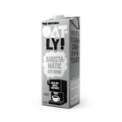 Gray Oatly Baristamatic 1.5L oat drink carton with a coffee machine graphic, ideal for automated machines.