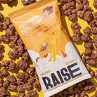Raise Snacks Salted Caramel pouch on a yellow background, surrounded by chocolate-coated nut and seed clusters.