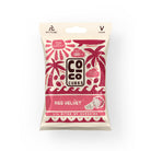 Coco Cubes Red Velvet snack pouch with tropical design, showing coconut, palm trees, and waves.