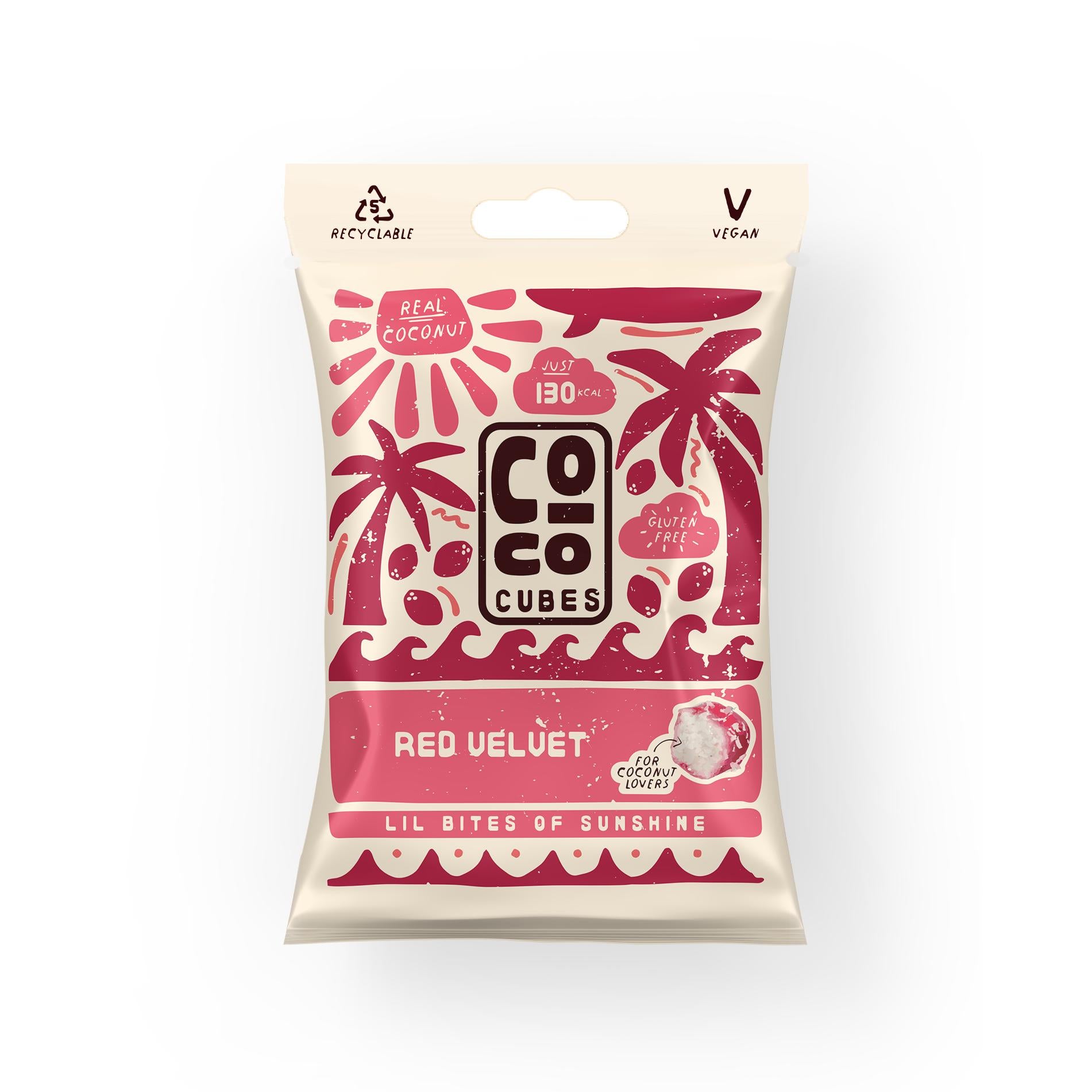 Coco Cubes Red Velvet snack pouch with tropical design, showing coconut, palm trees, and waves.