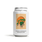 White Something & Nothing Orange & Mandarin Premium Soda can with a minimalist orange sun and green monstera leaf design.