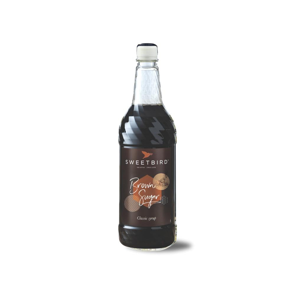 Sweetbird Brown Sugar Syrup 1L bottle with a clear glass body, brown label, and white cap.