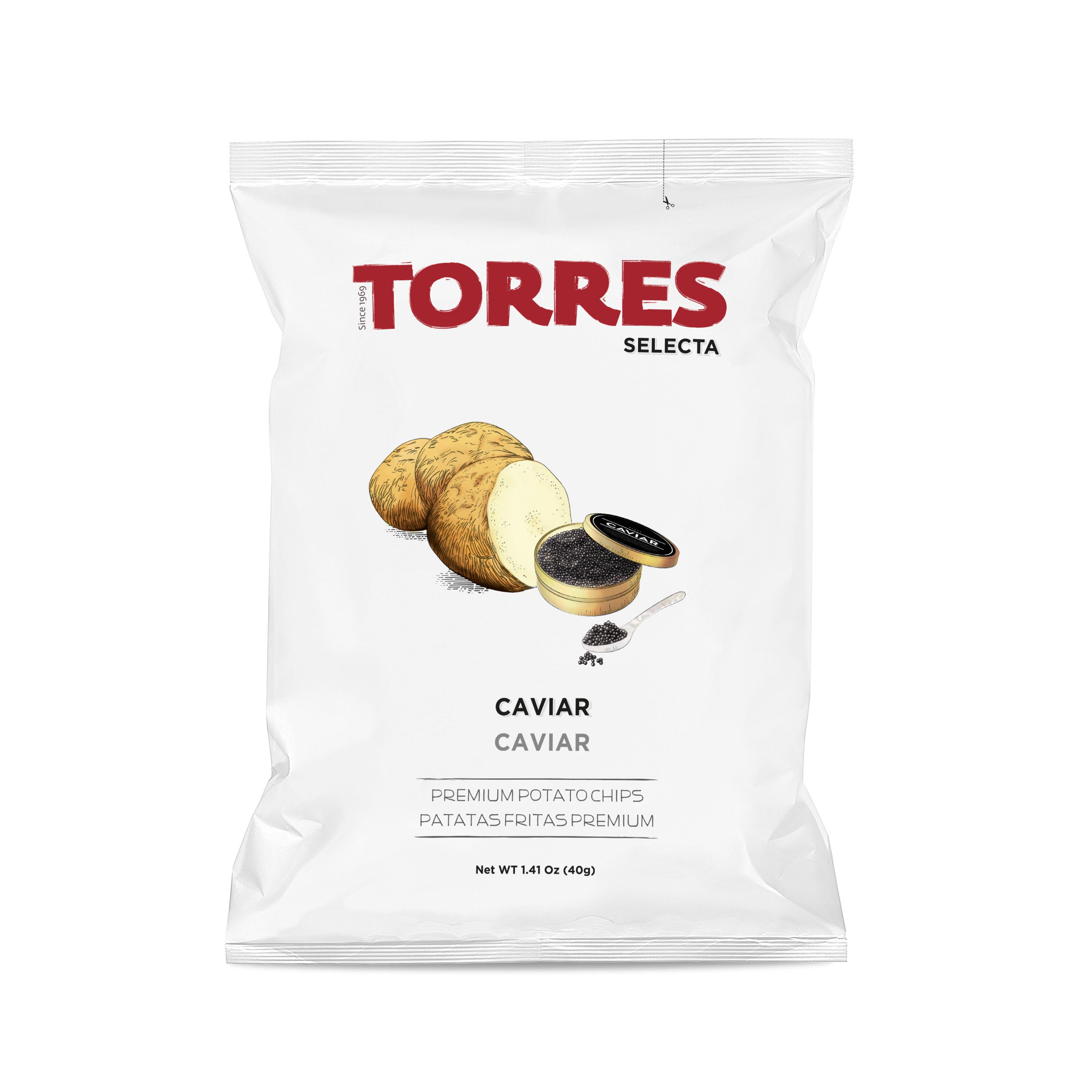 White Torres Selecta Caviar potato chips bag with potato and caviar illustrations.