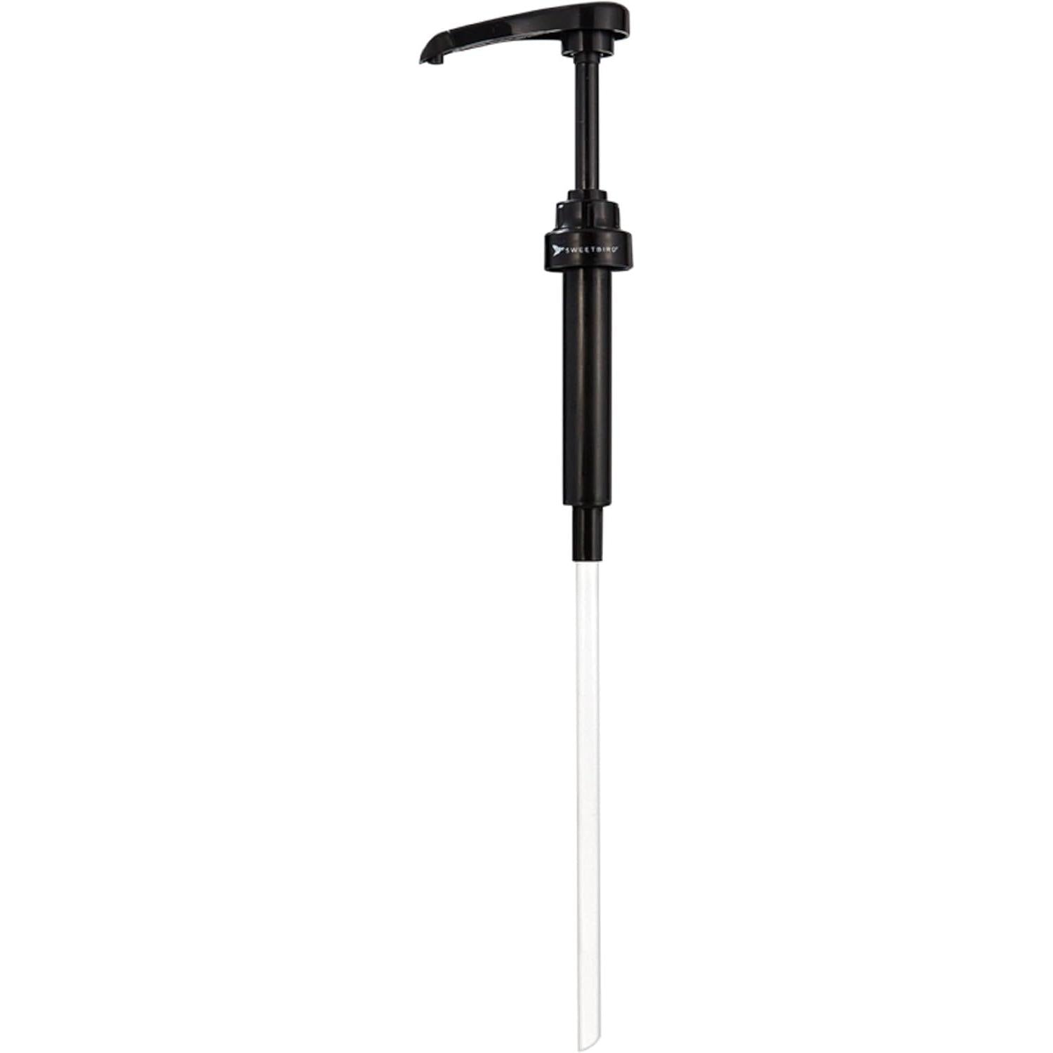 Black Sweetbird 1L syrup pump with a long clear tube, designed for portion control.