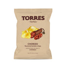 Torres Chorizo Crisps 125g bag, brown paper-style packaging with chorizo and potato chips illustration.